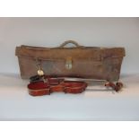 19th century three quarter length violin, with used leather carry case and bow (3)