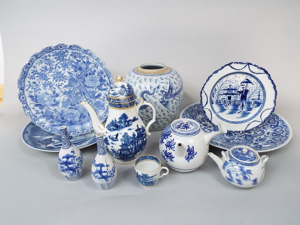 A collection of 19th century and later oriental blue and white ceramics including a ginger jar