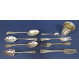 A mixed collection of silver flatware to include five spoons, three forks and a tot cup, 7oz approx