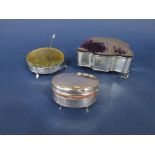 Silver jewellery boxes to include a shaped serpentine example with purple baise pin cushion top
