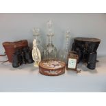 Three glass decanters, an Eastern hardwood mother-of-pearl inlaid box, carriage clock