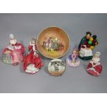 A collection of five Royal Doulton figures Peggy HN2038, Top O' The Hill HN1834, Penelope HN1901,