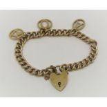 9ct curb link bracelet with heart padlock clasp, hung with three charms; 'A', 'O' and '21', 28g