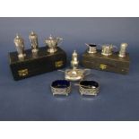 Two cased silver three piece cruet sets together with a further silver lidded mustard, silver