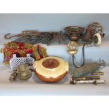 Three boxes containing a collection of interesting and antique metalware including yard arm, small