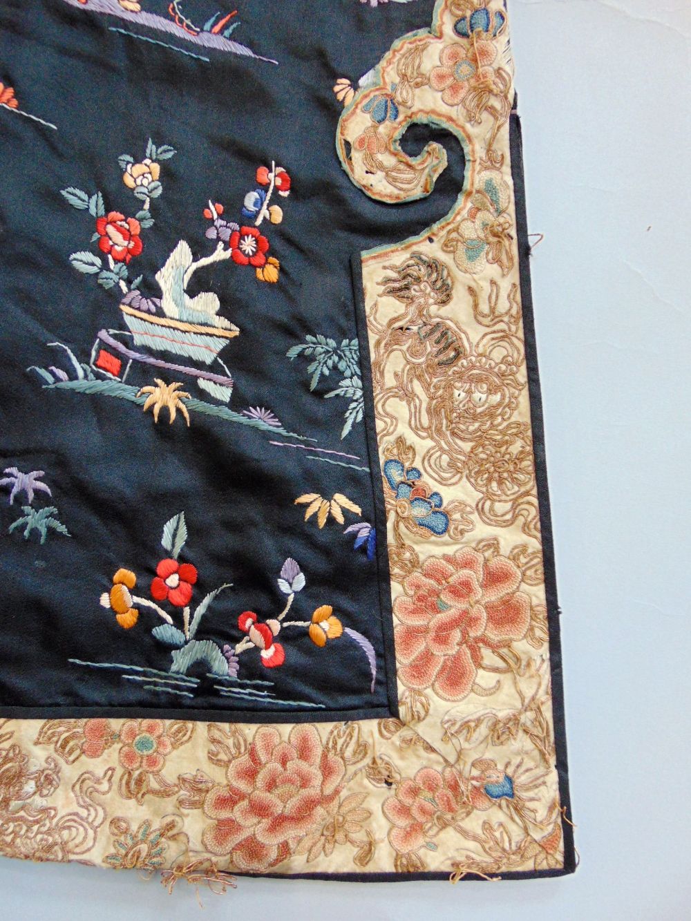Late 19th/ early 20th century Chinese robe with black silk ground extensively embroidered with - Image 8 of 9