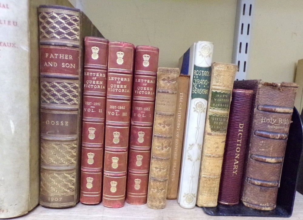 A collection of late 19th/early 20th century books, some leather bound and including Weston Barbary: