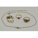 Group of gold jewellery comprising an Edwardian 15ct ring set with a pink garnet, together with a