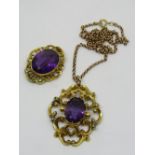 Victorian amethyst and yellow metal brooch with scrolled mount, together with a similar pendant hung