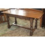 A good quality Old English style oak refectory table, the over hanging rectangular top raised on
