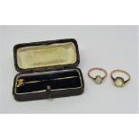 Good 9ct claw set yellow topaz ring, size J, together with a further 9ct opal ring (af) and a gilt