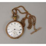 9ct Waltham pocket watch, the enamel dial with Roman numerals and subsidiary second dial, with