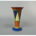 A Clarice Cliff Bizarre vase of tapering and flared form with painted geometric decoration and in