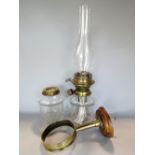 Cut glass and brass wall hanging oil lamp with spare reservoir and chimney (4)