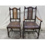 A set of six (6+2) 1920s oak framed dining chairs, loosely in the Carolean style with drop in