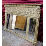 A 19th century gilt framed overmantel mirror with applied classical detail enclosing three