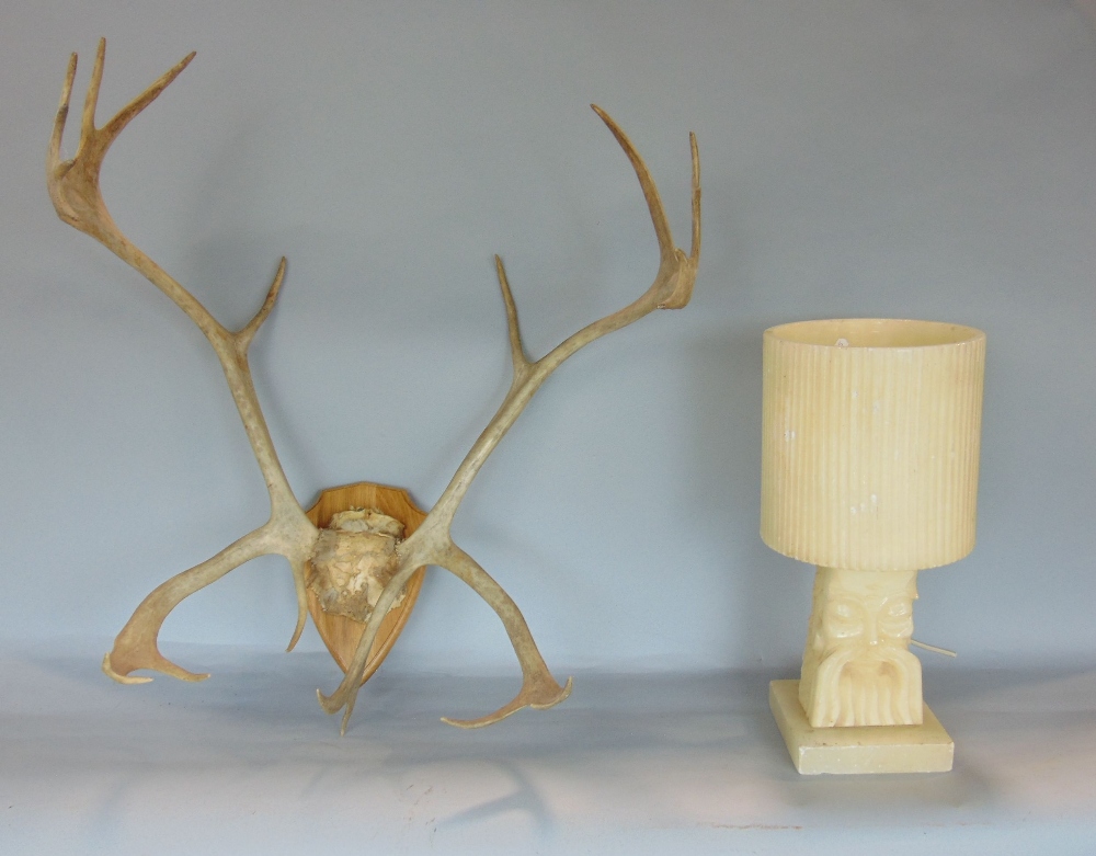 Interesting carved alabaster lamp in one piece with fluted shade and column relief form of a bearded