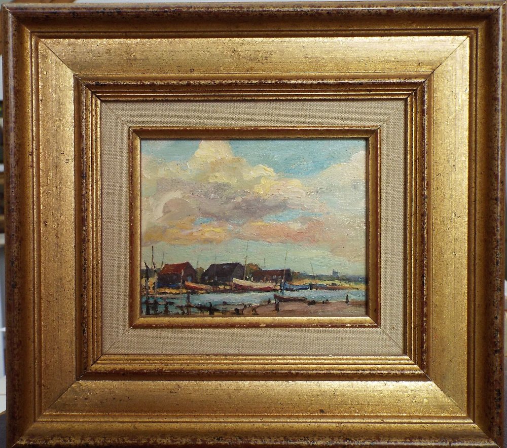 M McGreevy (20th century) - Walberswick, Suffolk, oil on board, 10 x 13 cm, signed verso and with - Image 2 of 7