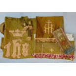 Altar Cloth (fabric pieces) green floral pattern ground with gold thread embroidery stitched label