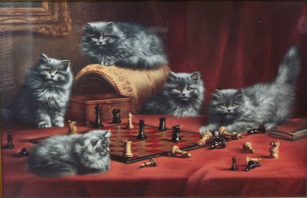A collection of pictures and prints including a coloured print - The Last Move, showing cats playing