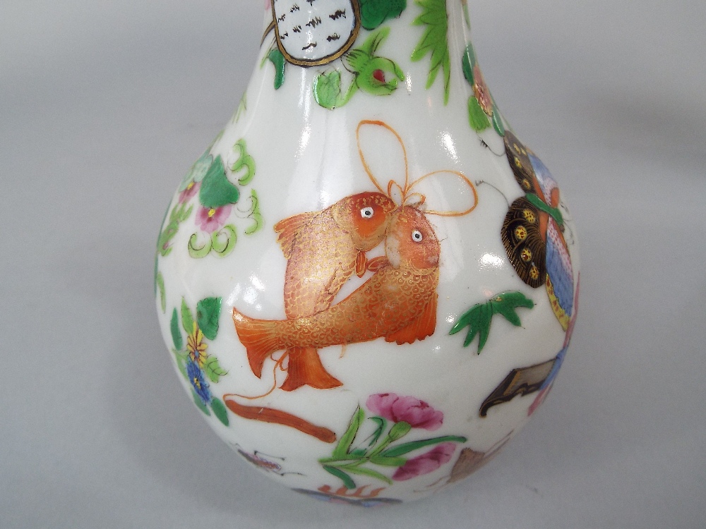 A 19th century Cantonese bottle shaped vase with polychrome painted insect, fish and trophy - Image 3 of 3