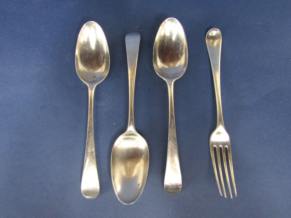 Set of three early antique silver Old English tablespoons, hallmarks rubbed, together with a further