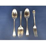 Set of three early antique silver Old English tablespoons, hallmarks rubbed, together with a further