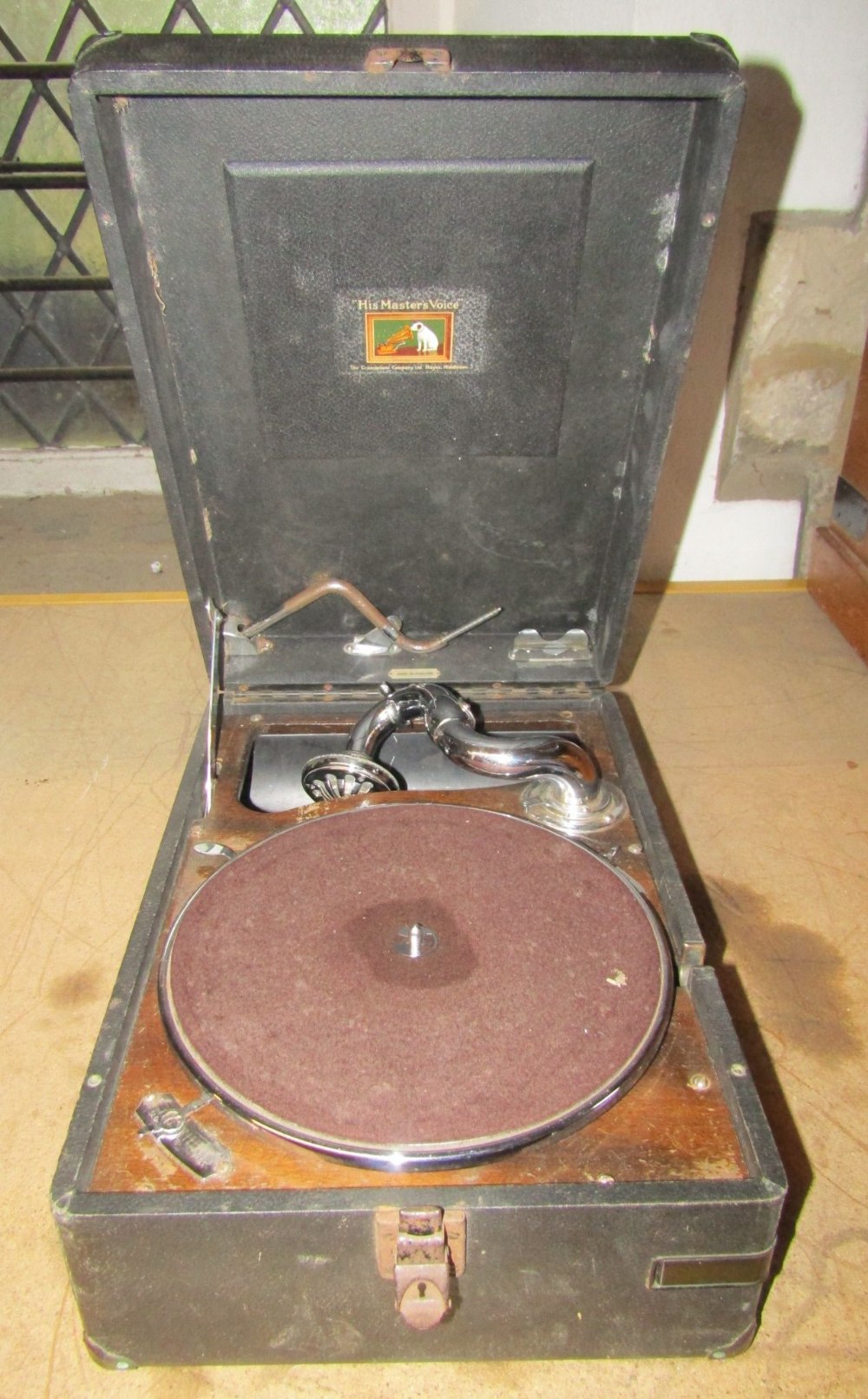 A cased portable 'His Masters Voice' wind up gramophone, the sound head stamped No 53, together with - Image 3 of 3