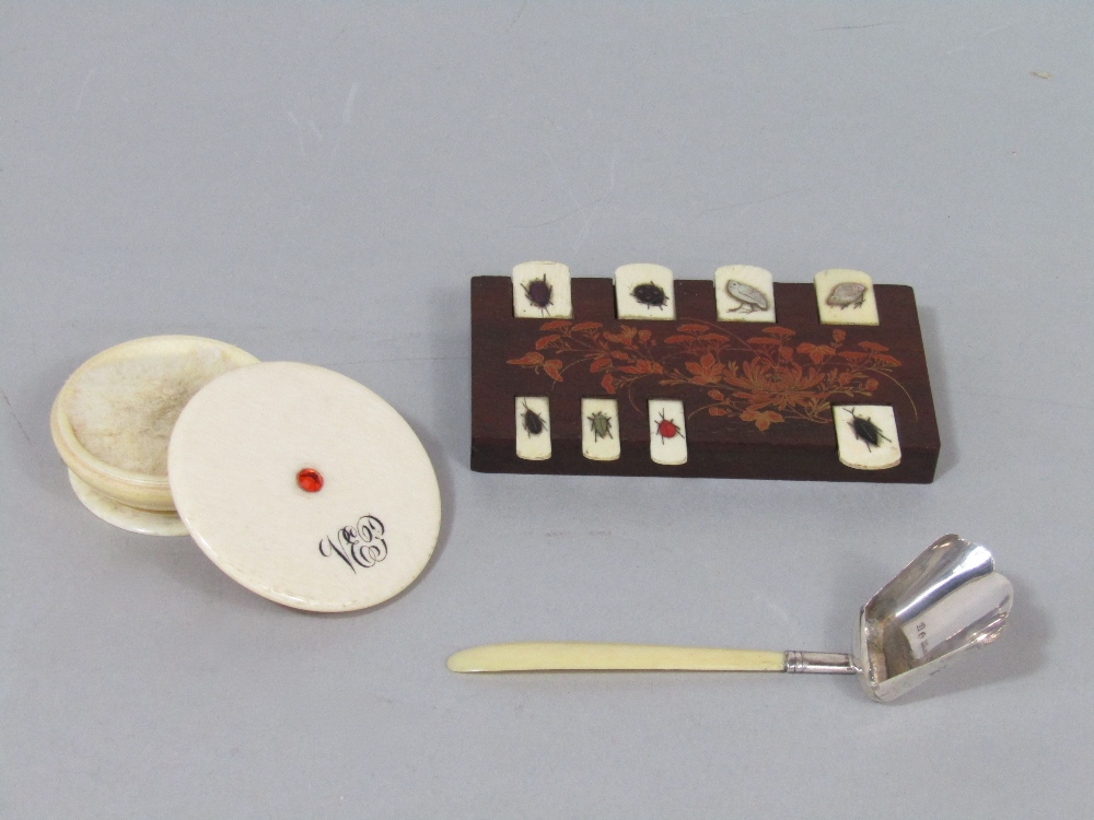 Small 19th century ivory pot and cover, Japanese hardwood and shibayama counter, and a small - Image 2 of 2