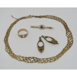 Collection of 9ct gold / yellow metal jewellery for repair / restoration; a plaited chain