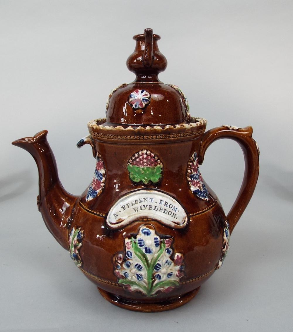 Three 19th century bargeware teapots of usual form with teapot knops and relief moulded - Image 2 of 3