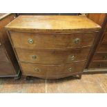 A small mid 19th century mahogany bow fronted chest of three long drawers on swept supports, 90cm