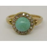 Antique turquoise and diamond cluster ring in high carat gold, marks worn stamped '1...', size L,