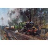 Terence Cuneo - (British 1907-1906), coloured print - A Thoroughbred heads The Cathedrals Express up