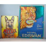 Two vintage style hand painted advertising signs for Royal Ediswan, 80 x 60cm and Melox Dog Food, 55