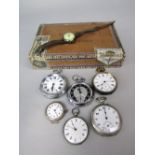A box containing a collection of watches comprising silver fob watch, two silver lug head watches