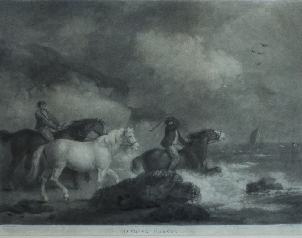 George Morland (British 1763-1804) - 'Bathing Horses', black and white engraving by William Ward,