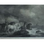 George Morland (British 1763-1804) - 'Bathing Horses', black and white engraving by William Ward,