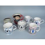 Six Wedgewood commemorative mugs all QEII period, Doulton Falstaff character jug