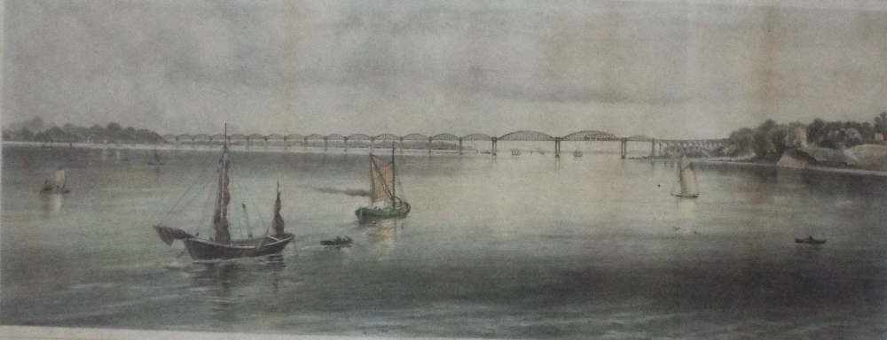 A 19th century coloured engraving of the Severn Bridge (later destroyed) from Gatcomb with Sharpness