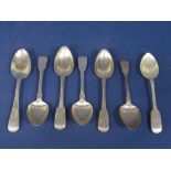 Five George III silver fiddle pattern dessert spoons, marker SR IED, London 1819, with two further