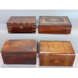 Four 19th century boxes to include a marquetry example, a further strap work cigar box and two