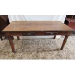 Pine refectory table fitted with four small iron handle drawers, on turned legs, 180cm long