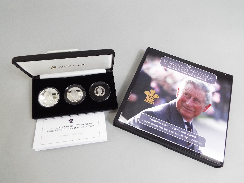 HRH Prince Charles 70th Birthday Heritage coin and stamp set 54/499 and silver proof coin set £5, £2