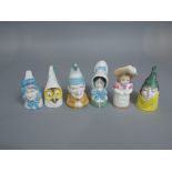 A collection of six Royal Worcester candle snuffers, Owl, Old Woman, Punch, Feathered Hat and Mr and