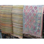 Long Kelim runner, with striped decoration and prominent mustard colourway, 420 x 90cm; together