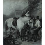 Three black and white engravings of a blacksmith in his forge, a rustic couple with horse and dogs