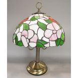 Tiffany style chrome and leaded glass twin branch table lamp with typical glazed shade, 55cm high