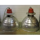 A pair of vintage industrial hanging ceiling lights with domed aluminium shades, 52cm diameter x