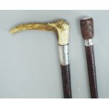 Two silver collared riding crops, one with horn handle, both with plaited leather, the longest
